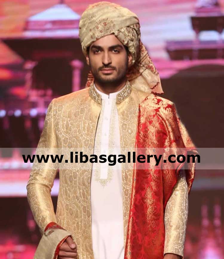 lucky dulha wearing designer golden pretied turban on bespoke sherwani suit all head size custom made shadi nikah safa shop pakistan india bangladesh