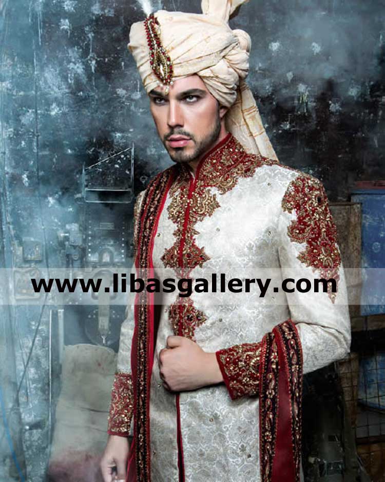 Sultan style jamawar champagne groom wedding turban 
