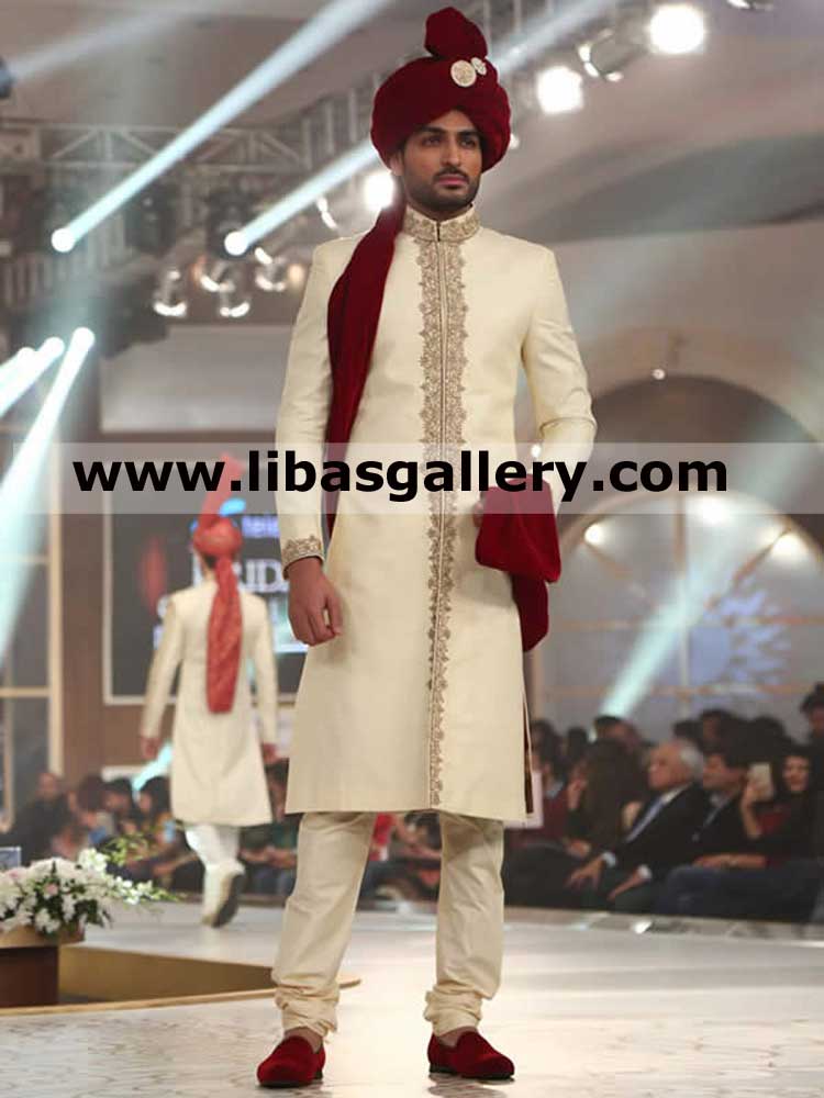 Red groom wedding turban with short shamla style