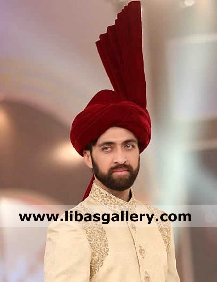 tower turban pretied punjabi kulla in red color for dulha nikah event quick making and delivery uk usa canada qatar