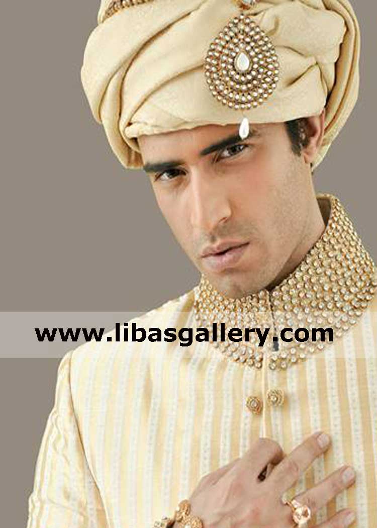 Tail less groom jamawar wedding turban light shade with jewelry pc