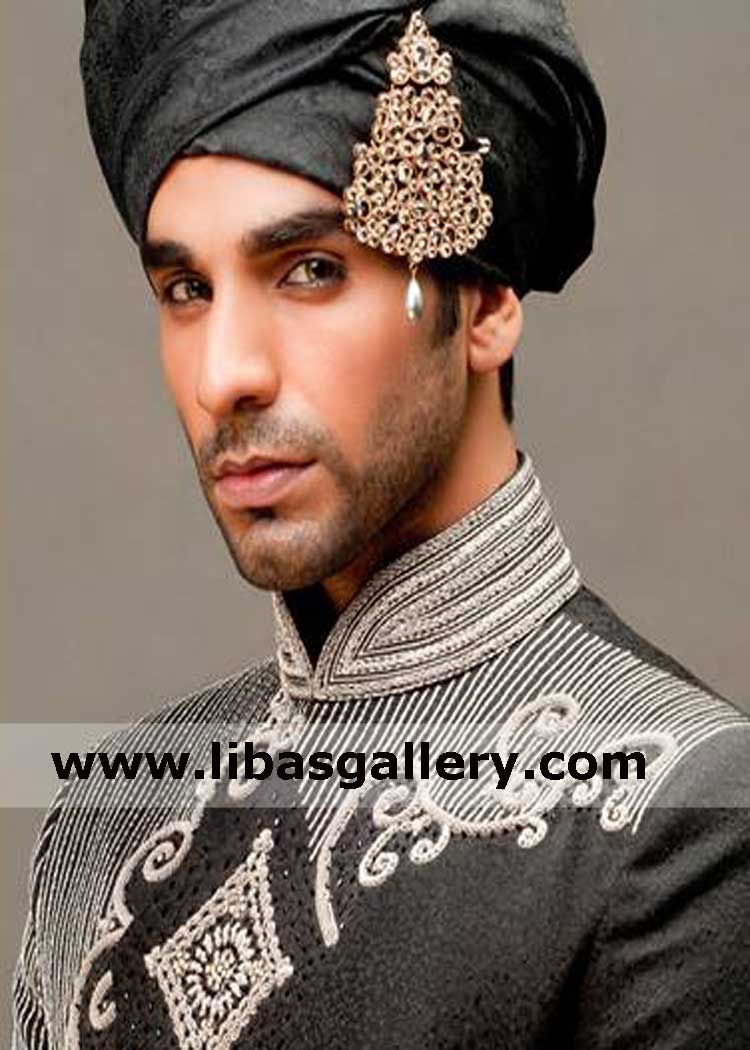 black wedding turban pretiedmade on cap with jewelry pc in jamawar fabric without tail order online kuwait oman uae kuwait