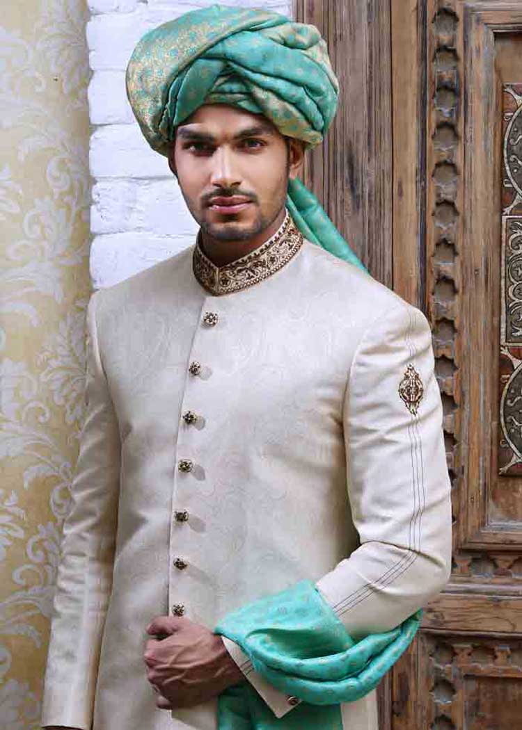 sea green jamawar wedding turban for nikah barat event with long tail made on cap france germany saudi arabia uae