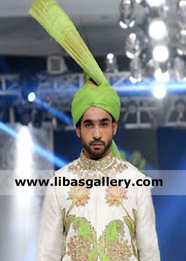 green wedding turban for punjabi groom long fan stylish Australia Dubai UAE Sharjah