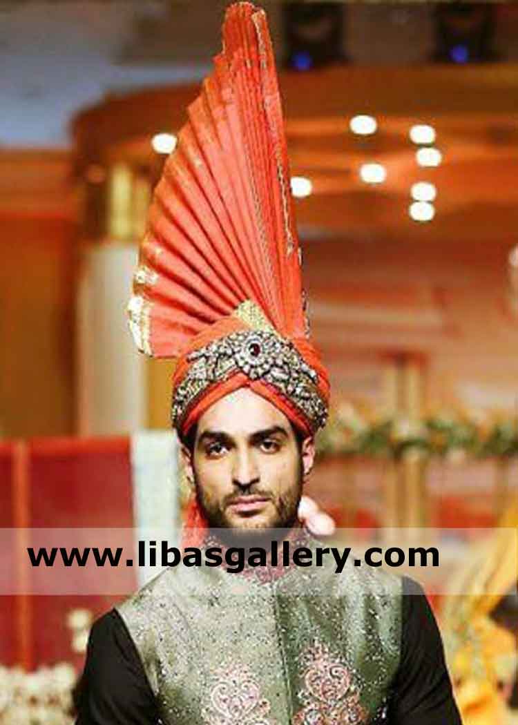 Pre tied Turban with long fan and brooch for groom wedding day buy online UK USA Canada Dubai Australia