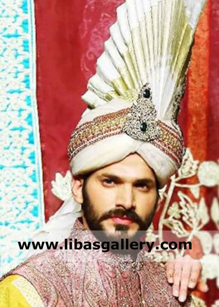 Light color turban for groom classic design long fan pre tied turban shop online Saudi Arabia Kuwait Oman