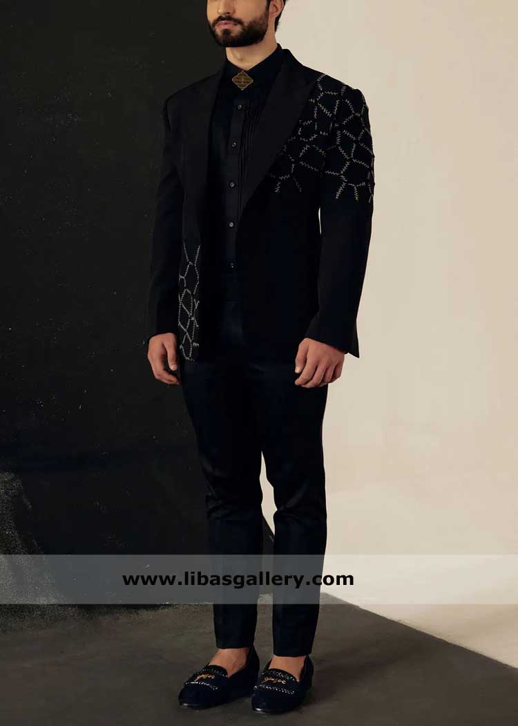 make fashion dressing with this black tuxedo adorning faggoting embroidery details paired with a black pintuck shirt and tapered trousers UK USA Canada