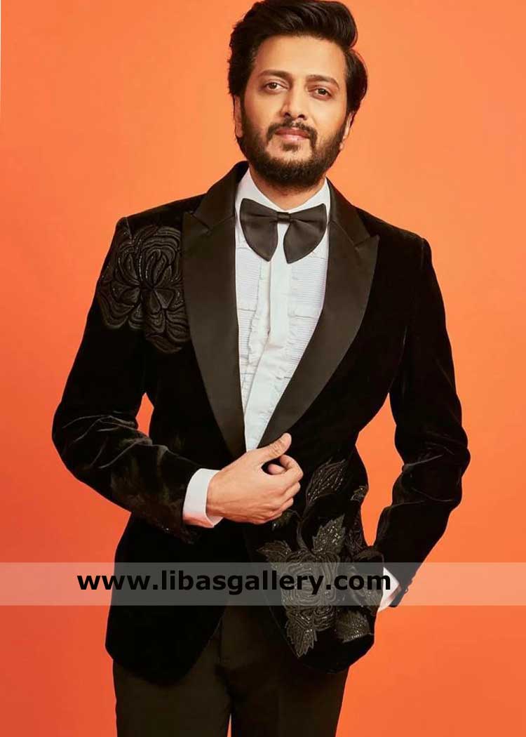 Tuxedo suit in black velvet with floral delicate embroidery pattern style it with ruffled shirt and narrow pants for exquisite look UK USA Canada Dubai Australia