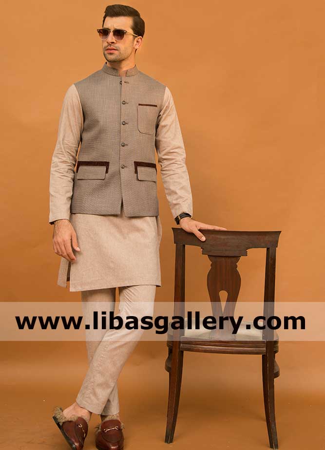 Stylish occasion and party type men waist coat suit in brown beaver animal color with kurta trousers custom made california new york chicago USA 