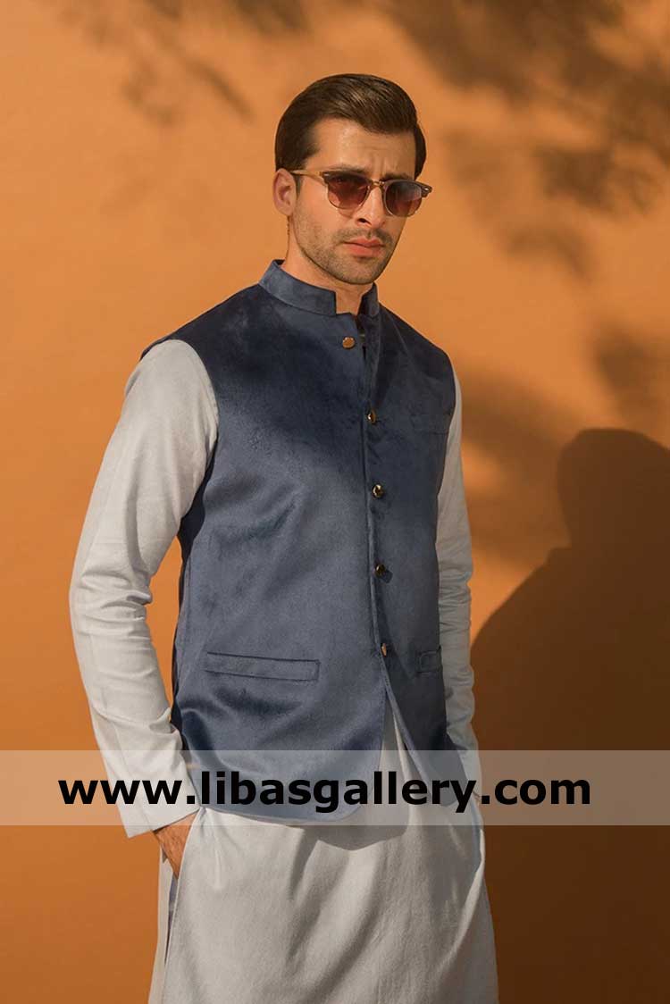Bespoke men waist coat electric blue for outdoor dinner party available with high quality kurta shalwar suit as inner enjoy party in vest uk usa canada
