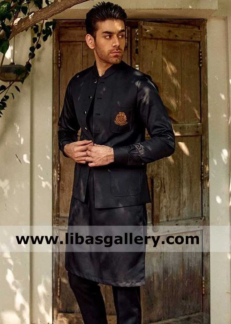 Black waist coat with silver metal buttons and pocket embroidery compliment with monotone kurta pajama suit toronto montreal calgary canada