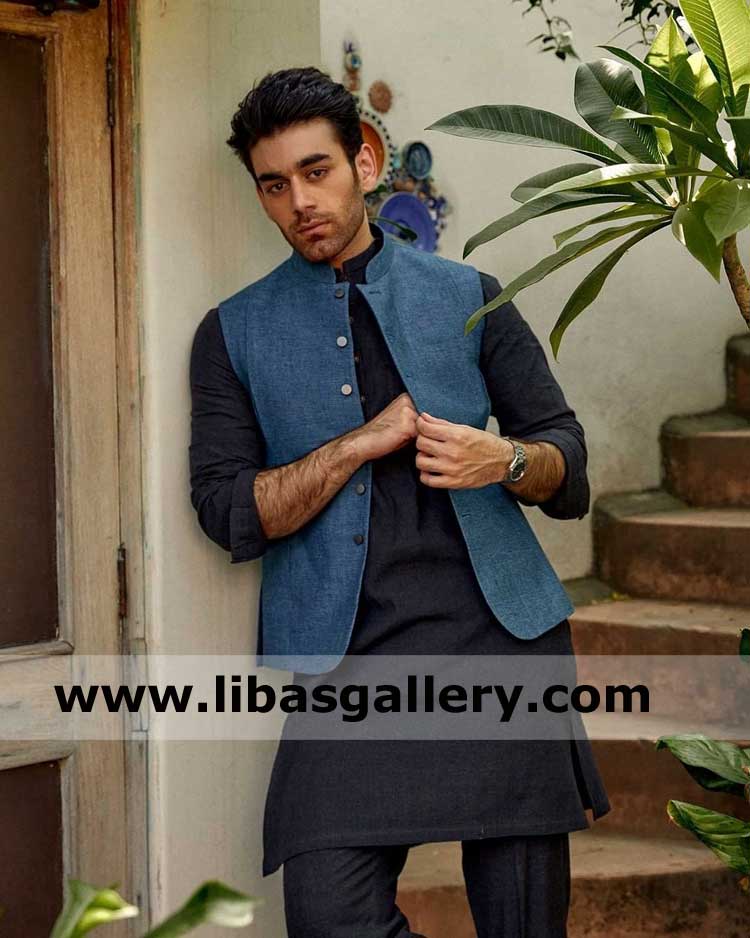 Men waist coat with metal silver buttons and kurta pajama dress for party and debate competition Hong kong Dubai Singapore