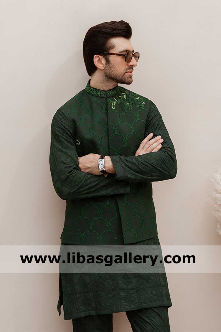 Emerald Green Floral Embroidered band collar Groom Waist coat in karandi fabric with hand embellishment on collar front New Zealand France Germany