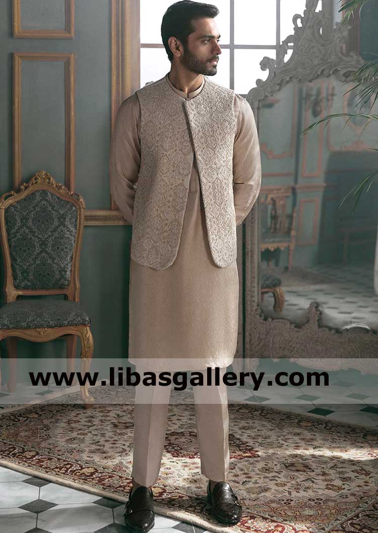 Pearl White Embellished Pakistani Men Waist Coat 