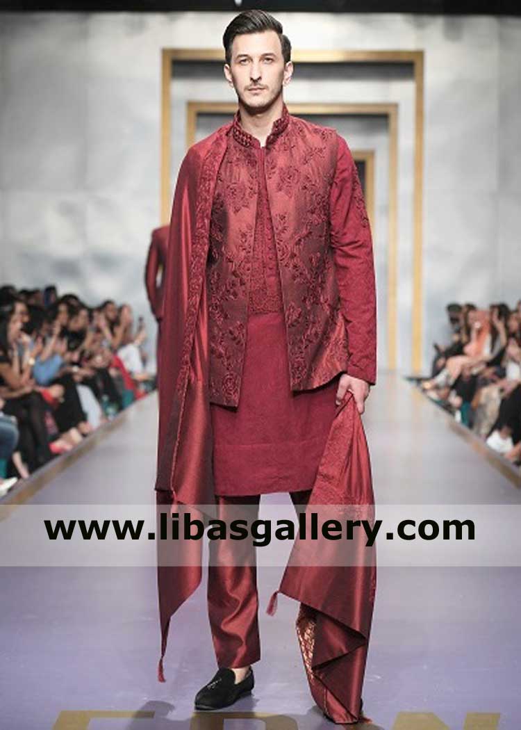 Red Maroon Embroidered Latest Wedding Waist Coat for Men