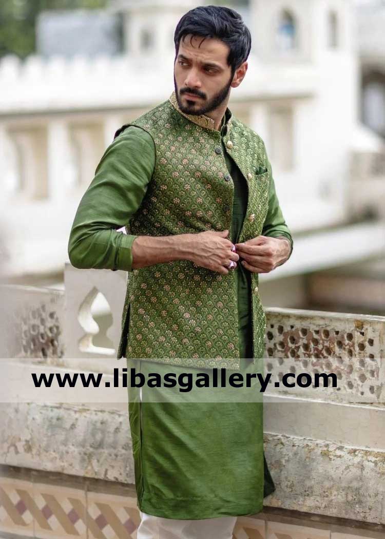 Men Lush Green Raw Silk Embellished Waist Coat for Mehndi