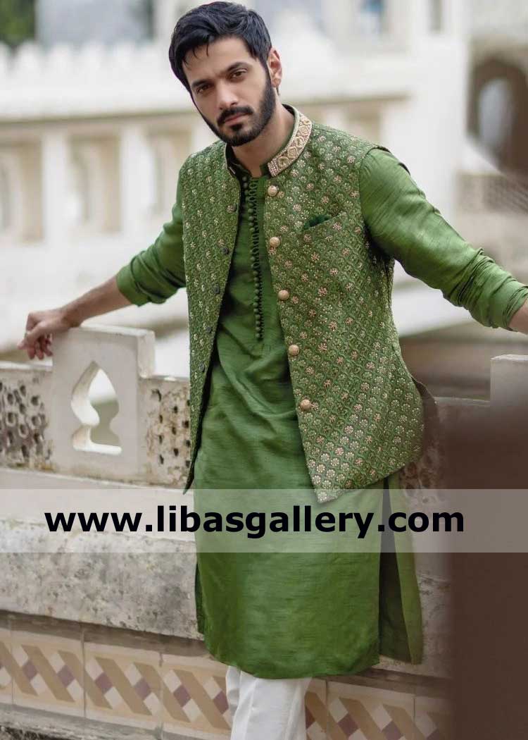 Men Lush Green Raw Silk Embellished Waist Coat for Mehndi