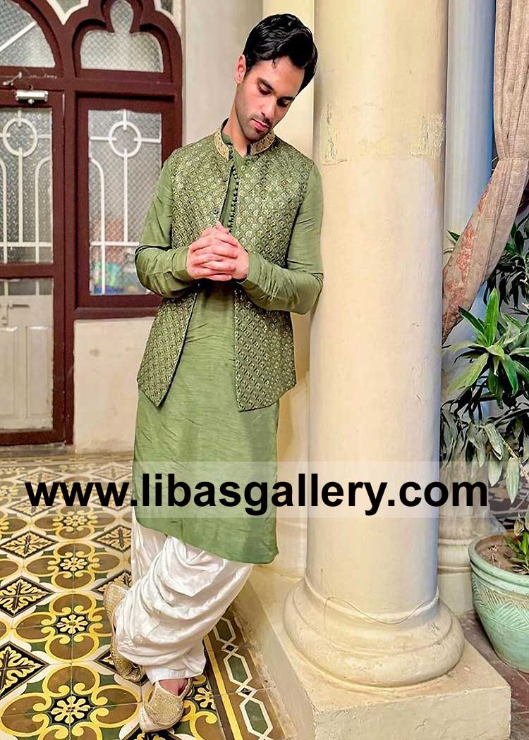 Ameer Gilani in Green Gold Embroidered Groom Wedding Waist Coat Article for Nikah and Mehndi Event with Off white Inner UK USA Canada Dubai Australia