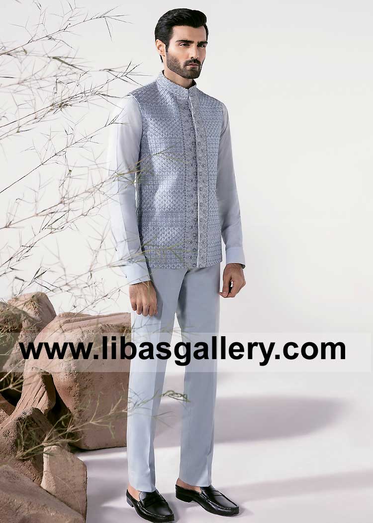 Ice Blue Men Waist coat with Geometric and Floral Embroidered Pattern