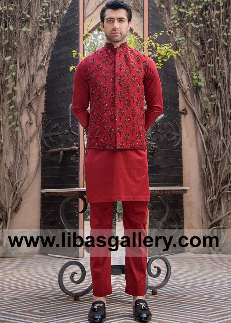 Red exquisite waist coat features intricate hand-embroidery work incorporating traditional techniques by Kora Dabka Zardozi