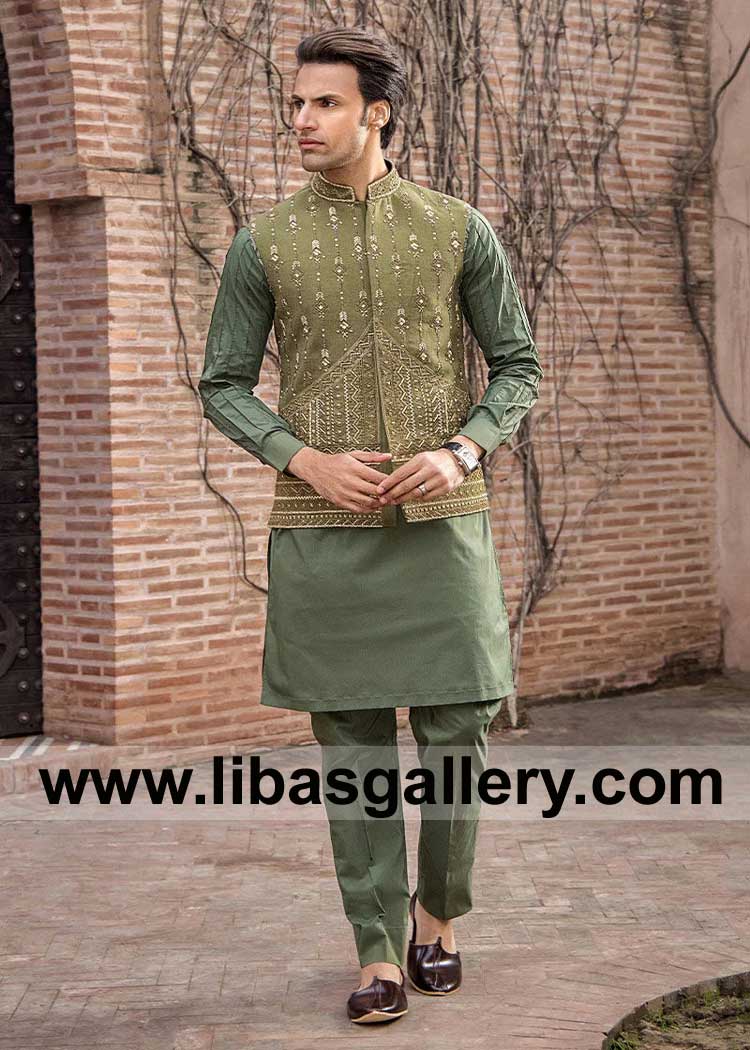 Stunning Olive Green Raw Silk Waist coat is a true work of art intricate hand-embellishments cut dana and thread Chicago Aurora Naperville USA