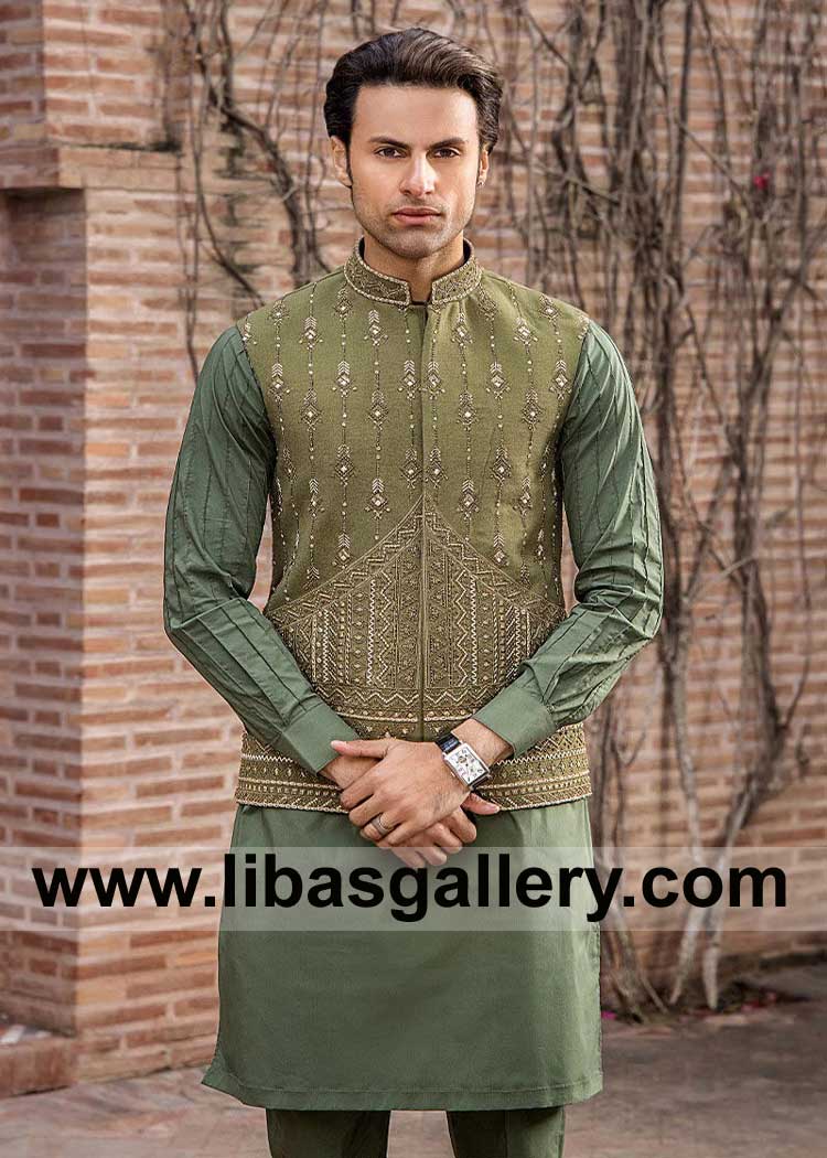 Stunning Olive Green Raw Silk Waist coat is a true work of art