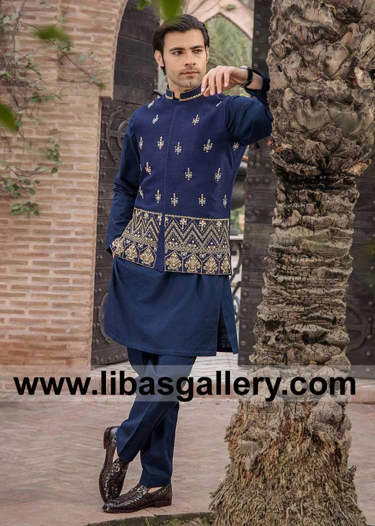 Contemporary Navy Blue Raw Silk waist coat beautiful embellishments