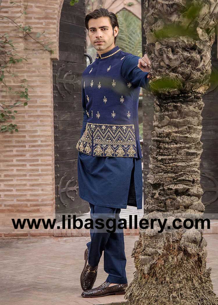 Contemporary Navy Blue Raw Silk waist coat beautiful embellishments