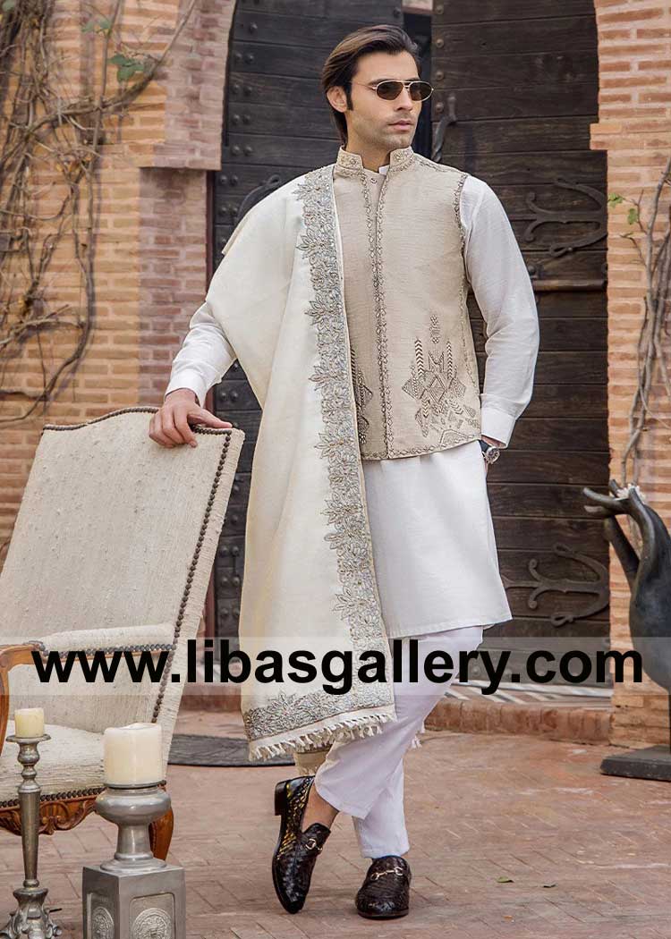 Premium Ivory Nehru Jacket Swarovski Crystal Hand Embroidered for Wedding and Occasion made by High Quality Raw silk Fabric Irvine Chula Vista Fremont USA