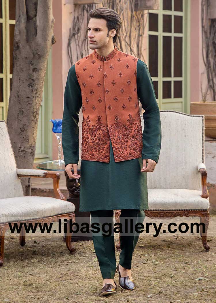 Burnt Orange Karandi waist coat is a stunning piece of attire