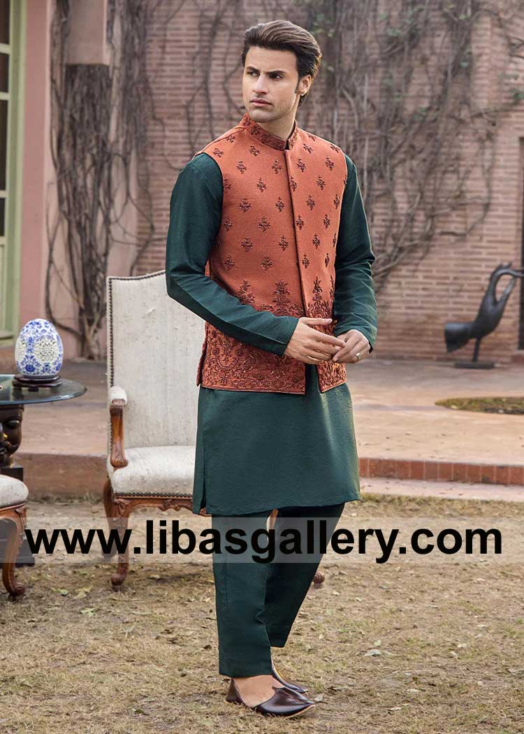 Burnt Orange Karandi waist coat is a stunning piece of attire