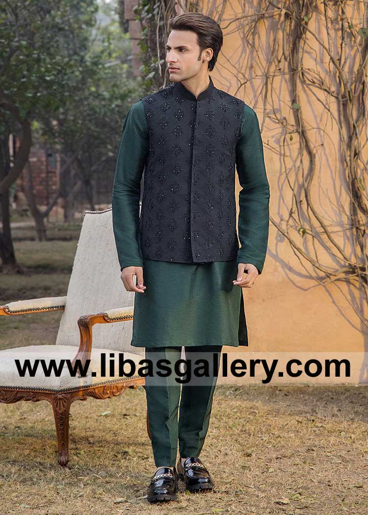 Premium Black Raw Silk Waist coat Style with Kora Dabka Fancy hand embellishment paired with Dark Green Kurta Pajama California Illinois Texas USA