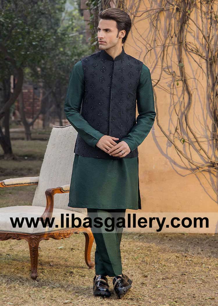 Premium Embellished Black Raw Silk Waist coat Style