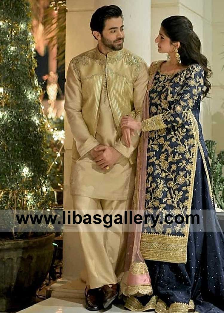 Gold Intricate Embroidered Male Waist Coat Style for Event Sheheryar Munawar wearing on Qawwali Night with Beige Shalwar Kameez UK USA Canada