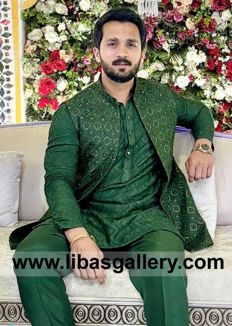 Vibrant green Groom Waist Coat Rajab Butt Embroidered with hand embellishment along with embroidered kurta pajama Tennessee Oklahoma Nevada USA