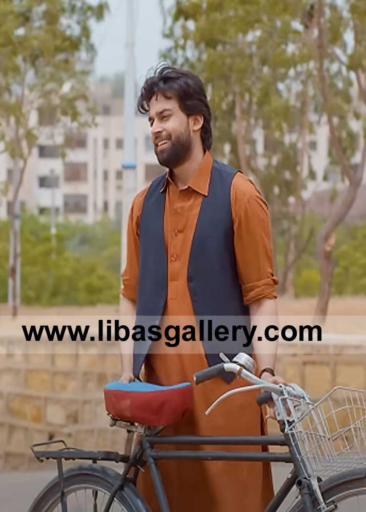 Ebony Clay Waist Coat Open Button less Style for Men compliment with Brown Rust kameez shalwar suit Bilal Abbas wearing Jeddah Brisbane Washington