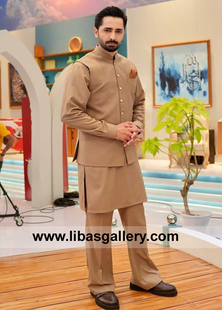 Antique Brass 3 Pockets Men Waist Coat Style for Eid and Party Occasion paired with matching kurta shalwar Suit Danish Taimoor Glasgow Vancouver Phoenix Dubai