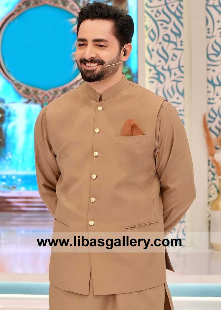 Antique Brass 3 Pockets Men Waist Coat Style for Eid and Party