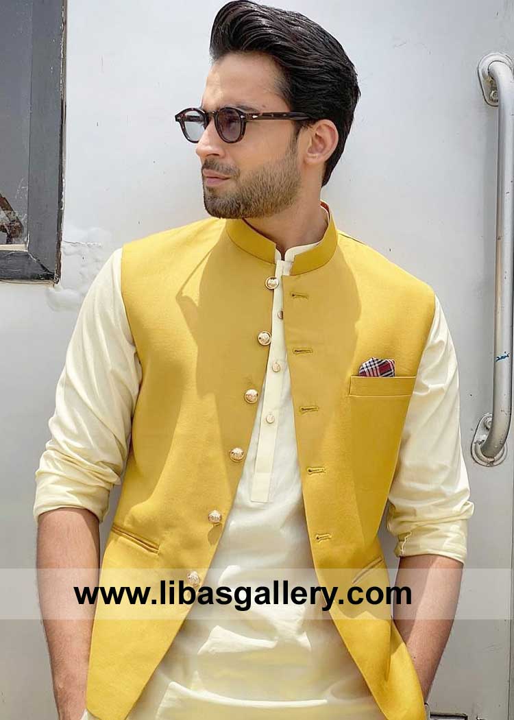 Sheen Gold Men Waist coat with Metal Buttons from Celebrity Wardrobe compliment with light Gold Kurta shalwar Suit Los Angeles Mississauga Sharjah Perth