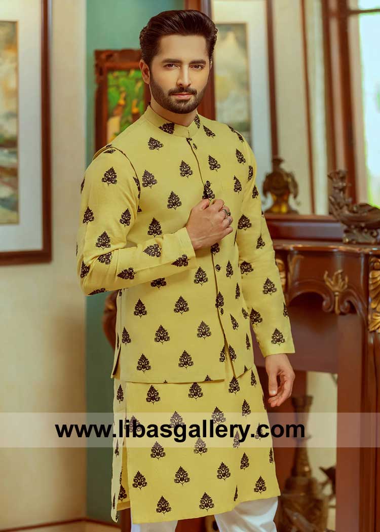 Festive lemon block print waist coat style with matching block print kurta and white trouser Danish Taimoor wearing Botswana Jordan Brunei Belgium