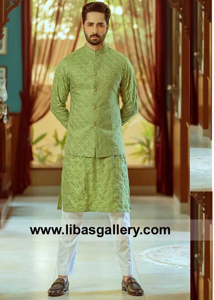 light yellowish Green Embroidered Men Waist coat for Special Occasion with matching embroidered kurta and white trouser Colchester Coventry Derby UK