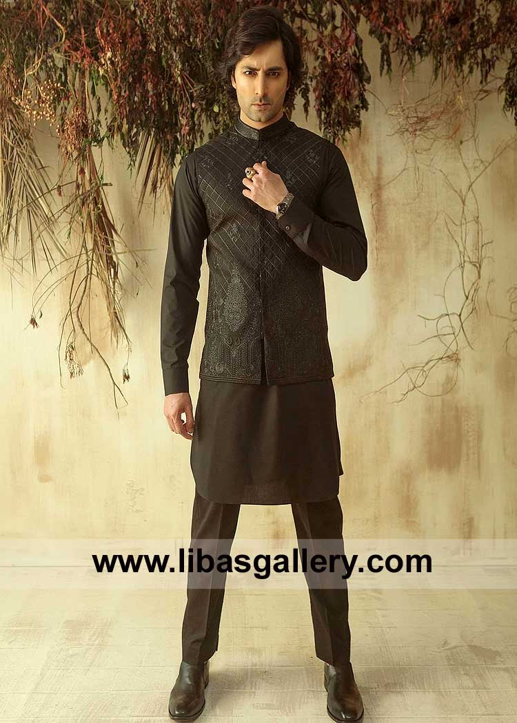 Luxury black Embroidered Waist coat with Inner Kurta and Trouser