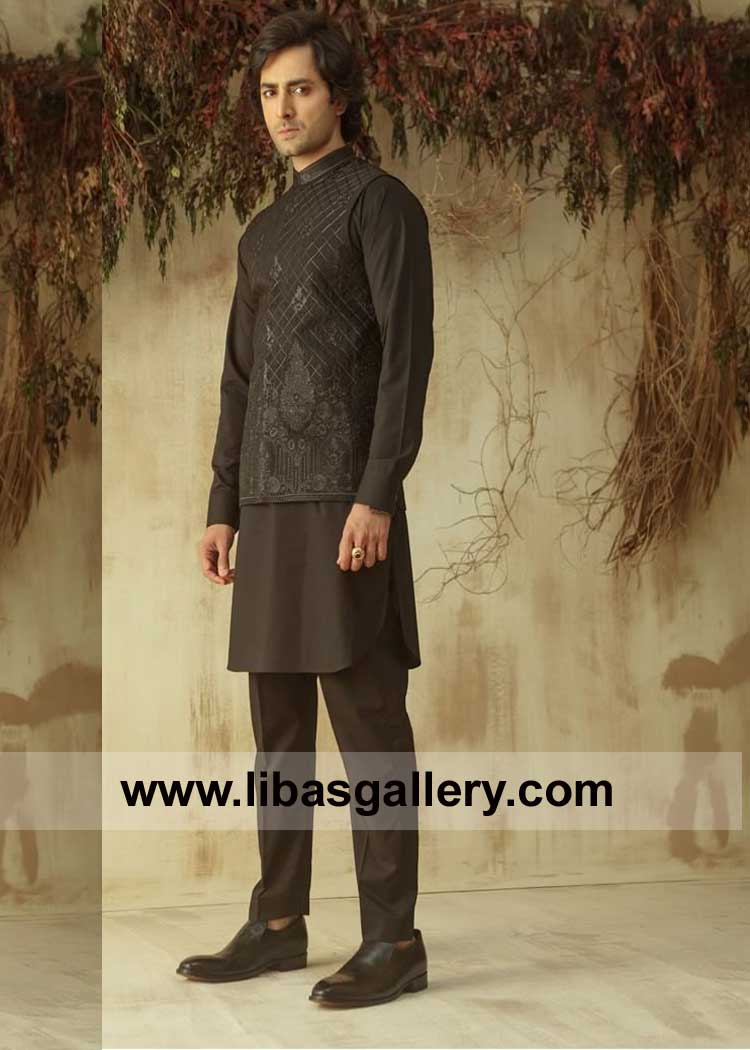 Luxury black Embroidered Waist coat with Inner Kurta and Trouser