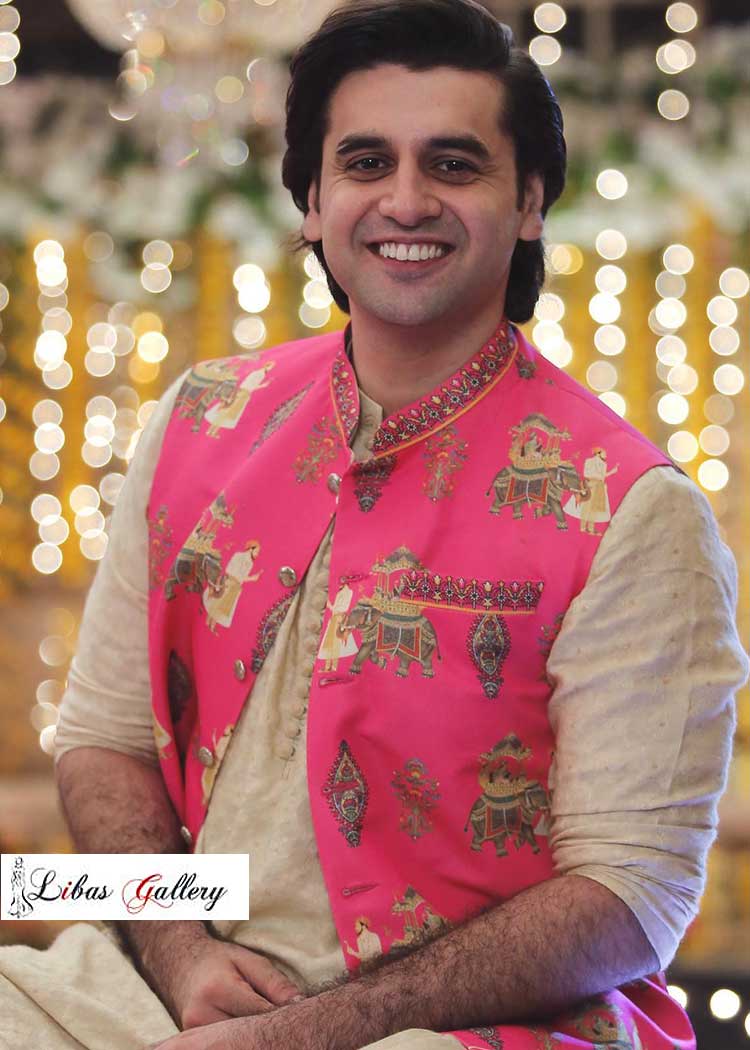 pink embroidered men waistcoat suit with inner kurta and trouser and waistcoat is telling emperor royal story through embroidery London Toronto New York Dubai Auckland