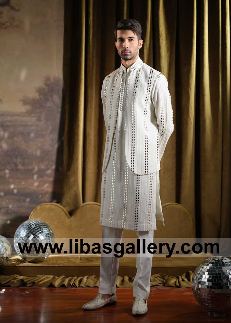 Off white Festive Embroidered Waist Coat for Men