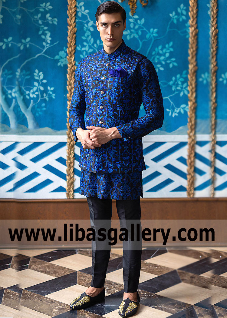 Festive Wedding Waist coat for Men in Black Color with Cobalt Blue Integrate Embroidery on Waist Coat and Inner Kurta London Chicago Toronto Dubai