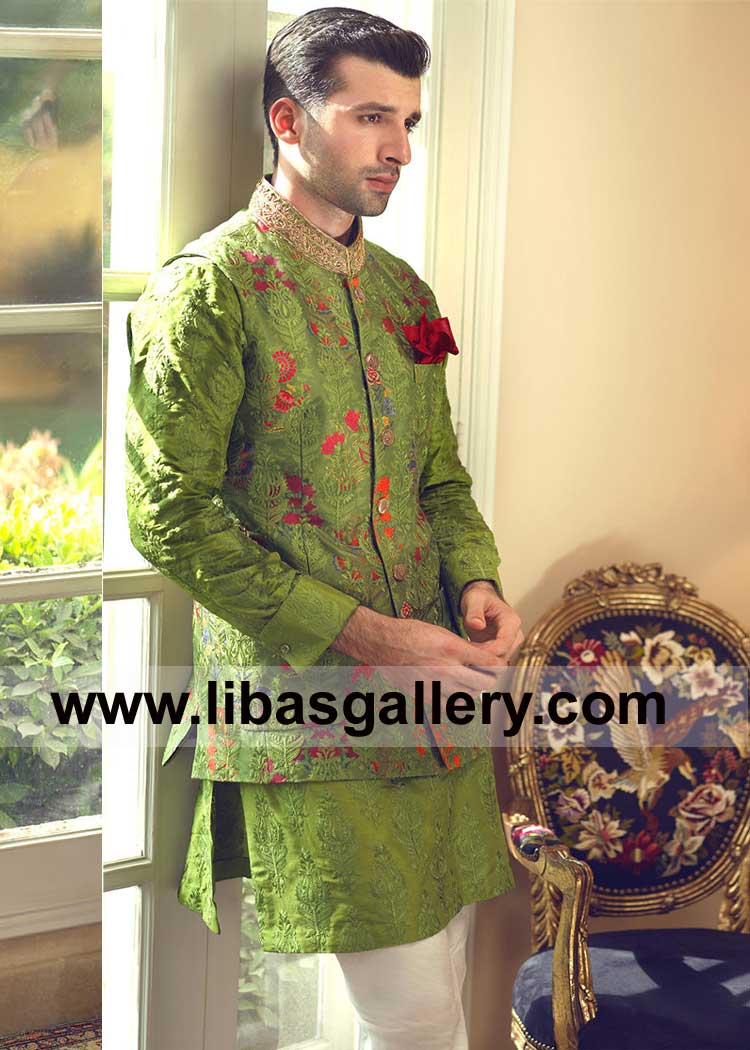 Grassy Green embroidered Groom Waist Coat and Inner Kurta for Mehndi Event with Hand work Collar and off White Churidar Pajama Glasgow London Bristol UK