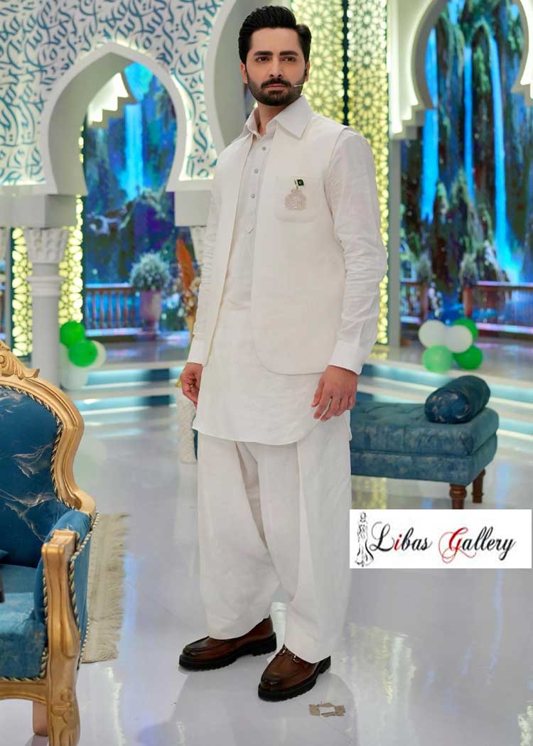 Linen white waistcoat style with white Linen kameez shalwar suit Danish Taimoor wearing in TV program for Eid Dubai Vancouver Sugarland Perth London