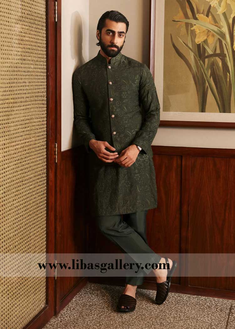 Embroidered waistcoat Olive Green with matching embroidered inner kurta and trouser ideal for weddings and festive