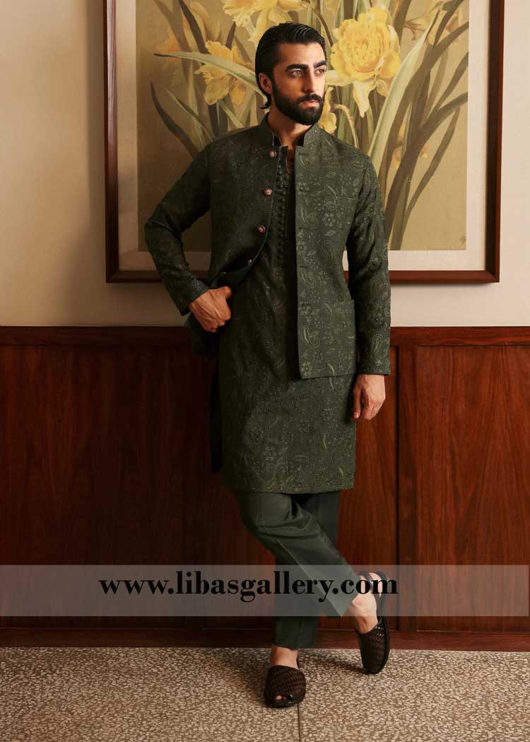 Olive Green Embroidered Waistcoat for men